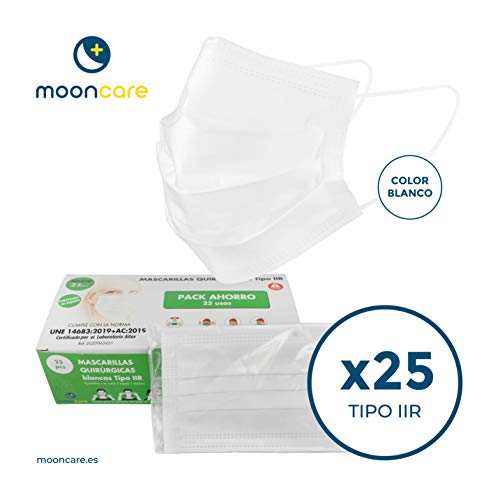 Mooncare Mascarilla Quirúrgica Tipo IIR, [25 Uds/Caja], Desechables 3 Capas [No Reutilizable], Mascarilla Certificada/Homologada, BFE ≥ 98%, Aprobadas Por INGESA