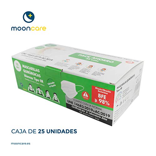 Mooncare Mascarilla Quirúrgica Tipo IIR, [25 Uds/Caja], Desechables 3 Capas [No Reutilizable], Mascarilla Certificada/Homologada, BFE ≥ 98%, Aprobadas Por INGESA