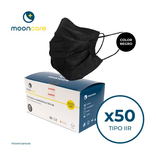 Mooncare Mascarilla Quirúrgica Tipo IIR, [50 Uds/Caja], Desechables 3 Capas [NR], Certificada/Homologada, BFE ≥ 99%, Norma EN14683:2019, No Grafeno, Aprobadas por INGESA (Negro)