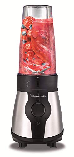 Moulinex Blend&Go LM1B1D - Batidora de Vaso de 300 W con jarra de plástico ligero y resitente de 1.3 L, incluye botella de 750 ml transportable, sistema de 4 cuchillas, acabados en acero inoxidable