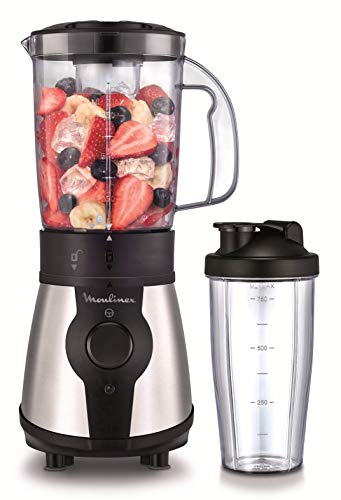 Moulinex Blend&Go LM1B1D - Batidora de Vaso de 300 W con jarra de plástico ligero y resitente de 1.3 L, incluye botella de 750 ml transportable, sistema de 4 cuchillas, acabados en acero inoxidable