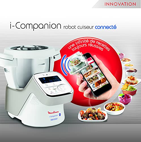 Moulinex i-Companion HF9001 - Robot de cocina Bluetooth 13 programas y 6 accesorios, capacidad 6 personas, incluye cuchilla picadora, batidor, mezclador, amasador, triturador y cesta de vapor