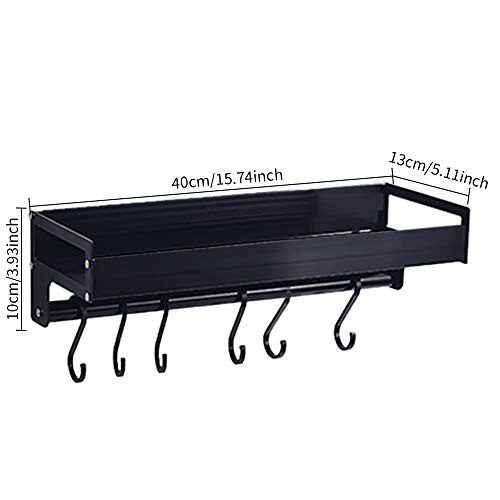 mreechan Estante de Cocina de Sin Perforación, Estante de Especias Acero Inoxidable,Organizadores para Utensilios de Cocina con 6 Ganchos extraíbles,Barra para Cocina,Pasillo,baño, etc. (Black)