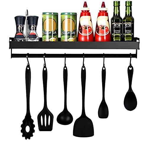 mreechan Estante de Cocina de Sin Perforación, Estante de Especias Acero Inoxidable,Organizadores para Utensilios de Cocina con 6 Ganchos extraíbles,Barra para Cocina,Pasillo,baño, etc. (Black)