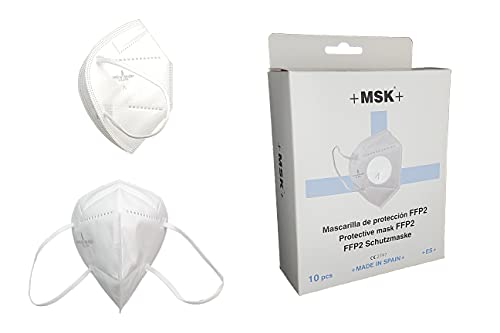 +MSK+ Mascarilla FFP2 Blanca CE 2797, caja de 10 unidades de mascarillas FFP2. 5 capas. Alta eficiencia filtración. Pinza Nasal Suave/Ajustable, homologada