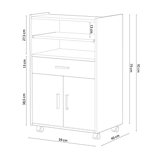 Mueble Auxiliar para Microondas, Mesa Cocina con un Cajón y dos Puertas, Color Blanco y Cemento, Medidas: 92 cm (Alto) x 59 cm (Ancho) x 40 cm (Fondo)