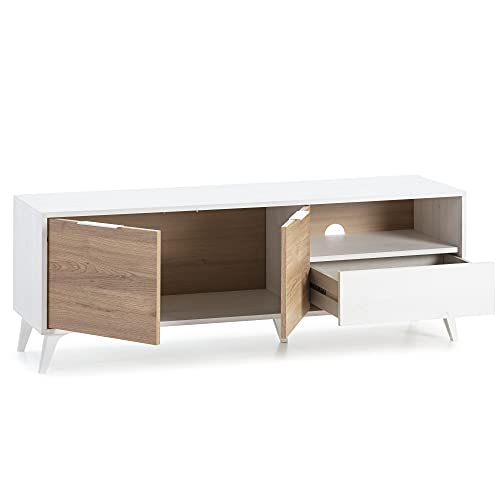 Mueble TV Koln 2 Puertas y 1 cajón, Color Blanco Cepillado y Madera, 136,5 cm (Ancho) 40 cm (Profundo) 48,5 cm (Altura)