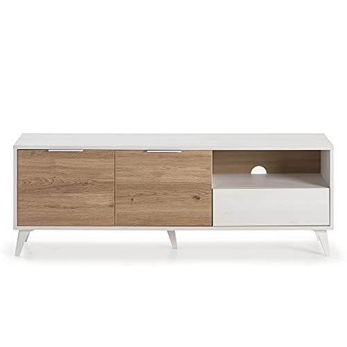 Mueble TV Koln 2 Puertas y 1 cajón, Color Blanco Cepillado y Madera, 136,5 cm (Ancho) 40 cm (Profundo) 48,5 cm (Altura)