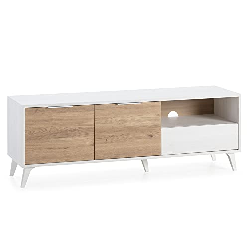 Mueble TV Koln 2 Puertas y 1 cajón, Color Blanco Cepillado y Madera, 136,5 cm (Ancho) 40 cm (Profundo) 48,5 cm (Altura)