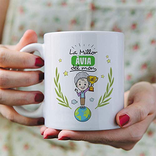 MUGFFINS Taza Abuela (En Catalán)"La Millor Àvia del Món" Taza Desayuno/Idea Regalo Día de la Abuela. Cerámica 350 mL