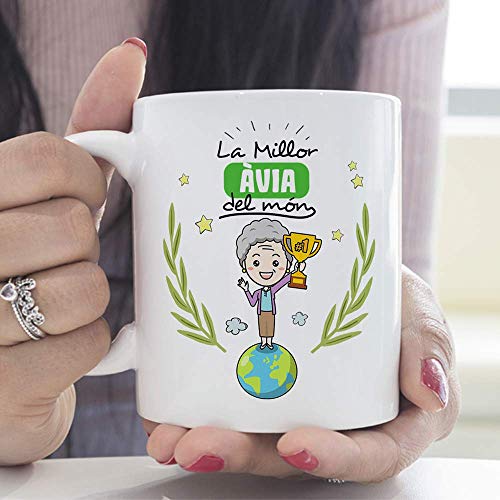 MUGFFINS Taza Abuela (En Catalán)"La Millor Àvia del Món" Taza Desayuno/Idea Regalo Día de la Abuela. Cerámica 350 mL