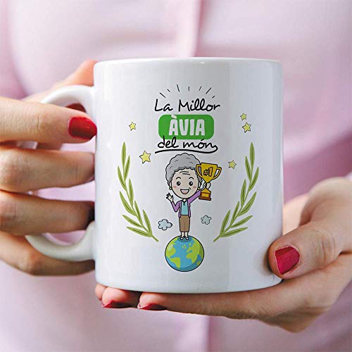 MUGFFINS Taza Abuela (En Catalán)"La Millor Àvia del Món" Taza Desayuno/Idea Regalo Día de la Abuela. Cerámica 350 mL