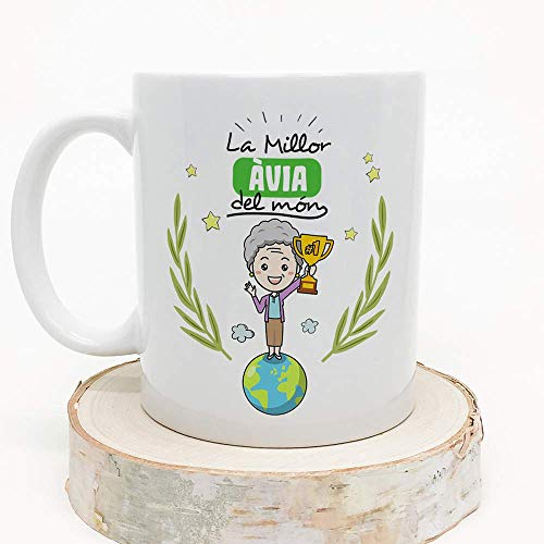 MUGFFINS Taza Abuela (En Catalán)"La Millor Àvia del Món" Taza Desayuno/Idea Regalo Día de la Abuela. Cerámica 350 mL