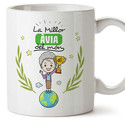 MUGFFINS Taza Abuela (En Catalán)"La Millor Àvia del Món" Taza Desayuno/Idea Regalo Día de la Abuela. Cerámica 350 mL