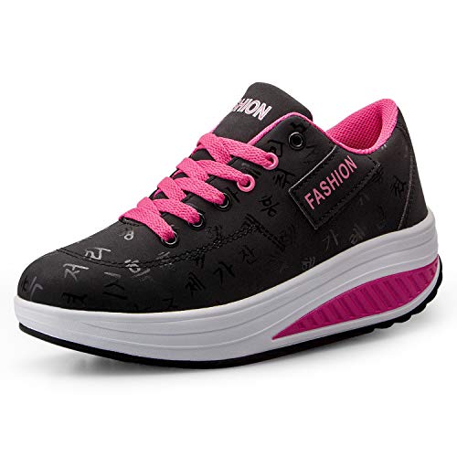 Mujer Adelgazar Zapatos Sneakers para Caminar Zapatillas Aptitud Cuña Plataforma Zapatos（37,Negro