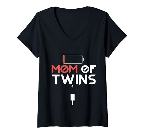 Mujer Mujer cansada Twin Mom Carga de batería baja Mamá de gemelos Camiseta Cuello V