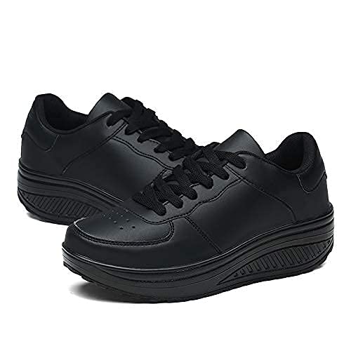 Mujer Zapatillas de Deporte Cuña Zapatos para Caminar Aptitud Plataforma Sneakers con Cordones Calzado de Tacón 4cm Negro EU 42