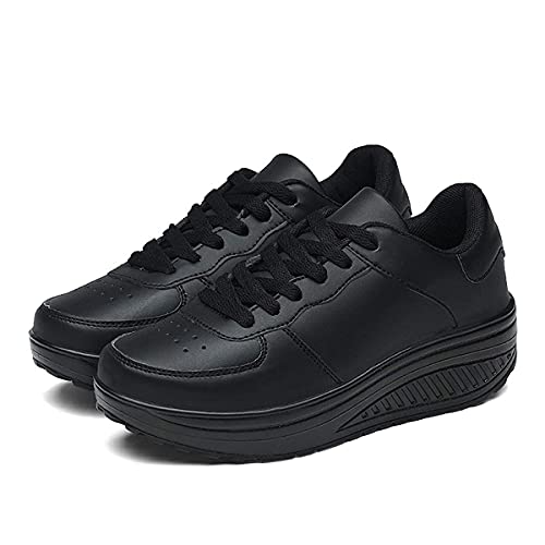 Mujer Zapatillas de Deporte Cuña Zapatos para Caminar Aptitud Plataforma Sneakers con Cordones Calzado de Tacón 4cm Negro EU 42