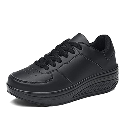 Mujer Zapatillas de Deporte Cuña Zapatos para Caminar Aptitud Plataforma Sneakers con Cordones Calzado de Tacón 4cm Negro EU 42