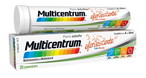 Multicentrum Complemento Alimenticio Multivitaminas con 13 Vitaminas, 11 Minerales y Luteína, Sin Gluten, Sabor a Naranja, 20 Comprimidos Efervescentes, 90 g