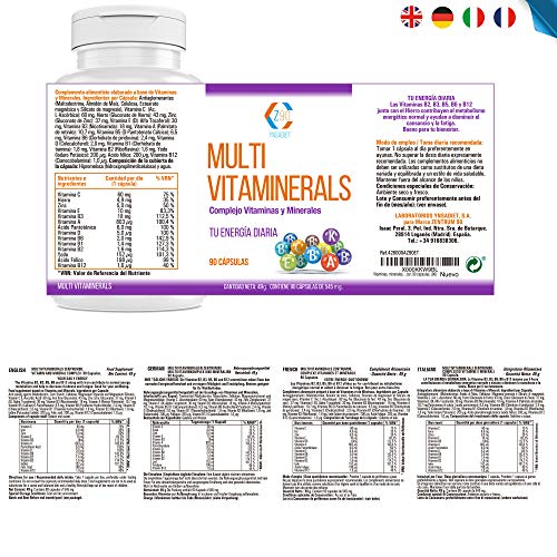 Multivitaminas y Minerales 180 Cápsulas| Complemento Alimenticio Multivitaminas | Multivitamínico para más Energía y Vitalidad| Vitamina C+ Vitaminas B2+ B3+ B5+ B6+ B12+ Hierro| Z90