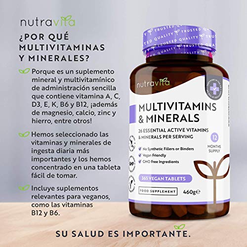 Multivitaminas y Minerales - 365 Comprimidos Veganos - Complejo Vitaminico con 26 Activos Esenciales Vitamina D3, C, A, B, E, Yodo, Selenio, Calcio, Hierro, Zinc - Multivitamínicos para Hombre y Mujer