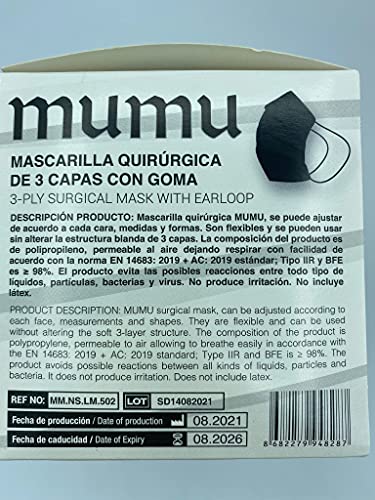 MUMU 50 Mascarillas Quirúrgicas Desechables tres capas, ajustables tipo IIR y BFE no produce irritacion ,