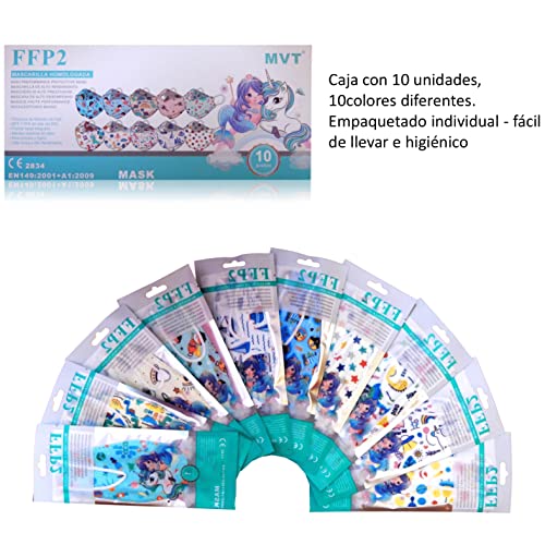 MVT Mascarilla FFP2 Colores, Pack de 10x Mascarillas FFP2 NR de Colores Homologadas Para Niños 5 Capas Forma 3D Tipo Pez +1 Estuche Porta Mascarillas Color Aleatorio (Azul niño)