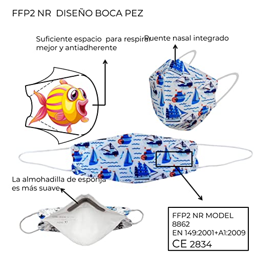 MVT Mascarilla FFP2 Colores, Pack de 10x Mascarillas FFP2 NR de Colores Homologadas Para Niños 5 Capas Forma 3D Tipo Pez +1 Estuche Porta Mascarillas Color Aleatorio (Azul niño)