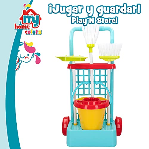 MY HOME - Carrito limpieza juguete, Surtido, Set limpieza con carrito, escoba, fregona con cubo, recogedor, Juguetes de Hogar, Juguetes niños 3 años, Set limpieza juguete, carrito limpieza infantil (43282)