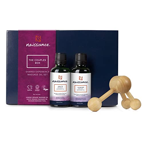 Naissance Set de Aceites De Masaje Orgánico The Couples Box Kit - Juego de Regalo Para Parejas 2 x 50ml Aceite Natural Intimo Con Masajeador De Madera - Perfecto Para Aliviar Estrés y Dolor Muscular