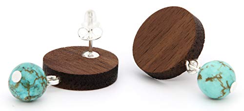 NaturSchatulle Pendientes de madera, perlas de piedra natural, colores de plata de ley 925, pendientes de madera, wengué.,