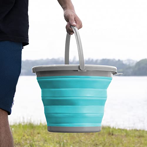 Navaris Cubo Plegable para Camping - Balde de Agua de 10 L con asa para Fregar Lavar Limpieza - Barreño Flexible para Viaje Playa Pesca - Azul y Gris