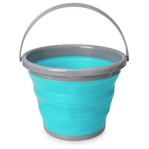 Navaris Cubo Plegable para Camping - Balde de Agua de 10 L con asa para Fregar Lavar Limpieza - Barreño Flexible para Viaje Playa Pesca - Azul y Gris