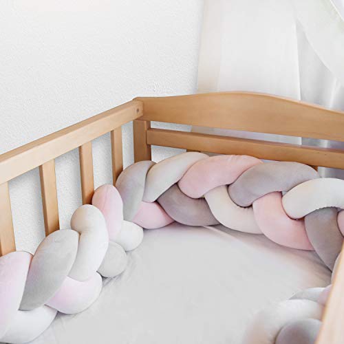 Navaris Protector para cuna de bebé - Trenza chichonera para bordes de cama - Cojín trenzado de 200 CM - Almohada con nudos - Rosa blanco y gris