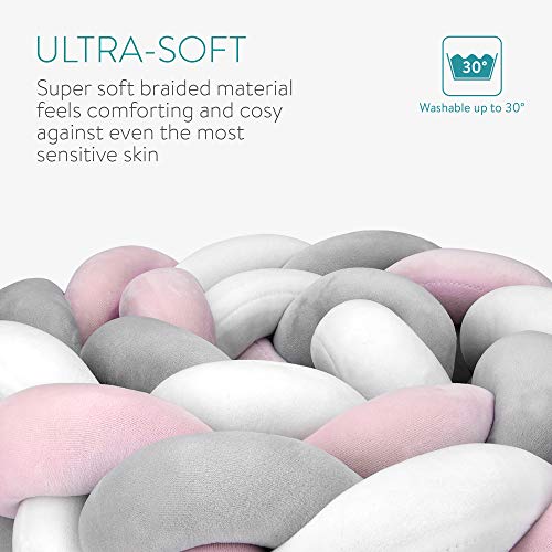 Navaris Protector para cuna de bebé - Trenza chichonera para bordes de cama - Cojín trenzado de 200 CM - Almohada con nudos - Rosa blanco y gris