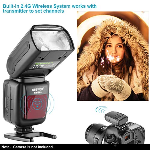 Neewer Flash Inalámbrico Speedlite para Canon Nikon Sony Panasonic Olympus Fujifilm y Cámaras DSLR con Zapata Estándar, Pantalla LCD, Sistema Inalámbrico 2,4G y Transmisor (NW580)