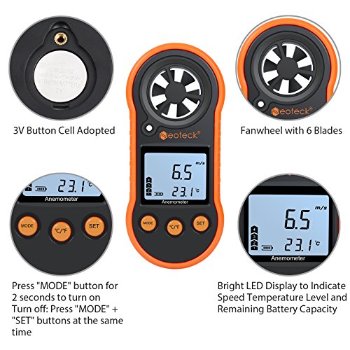 Neoteck Anemómetro Digital LCD Medidor de Velocidad del Viento Flujo de Aire Termómetro con Luz de Fondo para Windsurf Cometa Volar Navegar Pescar