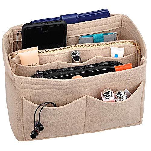 NEPAK Bolso Organizador de Fieltro,Organizador Bolsos de Mujer,Bolsa de Cremallera Desmontable y Llavero(Beige, M)