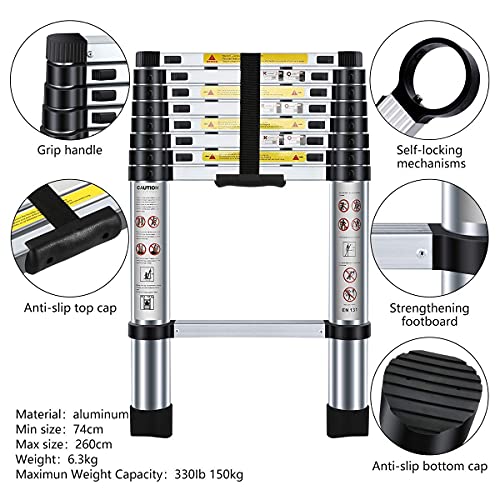 Nestling® 2.6M Escalera Telescópica Multiusos de Aluminio Portátil. Extensión Plegable y Extensible EN131, Carga Máxima 150 kg