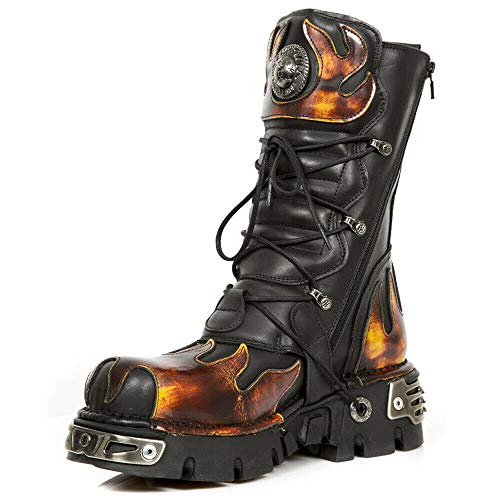 New Rock 591-S1 Botas de Cuero Negro con Llama Roja 38