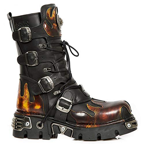 New Rock 591-S1 Botas de Cuero Negro con Llama Roja 38