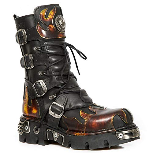 New Rock 591-S1 Botas de Cuero Negro con Llama Roja 38