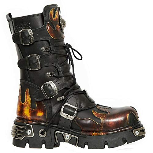 New Rock 591-S1 Botas de Cuero Negro con Llama Roja 38