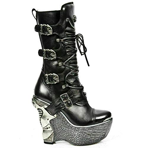 NEW ROCK PZ003-S4 Botas para Damas en Cuero Negro Metalizado con Cuña Gótica Punk Heavy Metal Estilo Motociclista 39