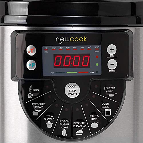 NEWCOOK Olla Programable Newcook Delicious Negra, Olla a Presión Multifunción Eléctrica con Voz, 15 Funciones, 1000W,6 l, 4 Niv. Presión,Cubeta con recubrimiento cerámico. Accesorio para Freír