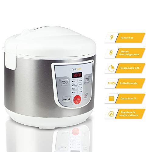 NEWCOOK Robot de Cocina Multifunción, Capacidad 5 Litros, Programable Hasta 24H, Cocina Automáticamente, 8 Menús Preconfigurados y Función Mantener Caliente Hasta 24H. Incluye Cubeta Antiadherente