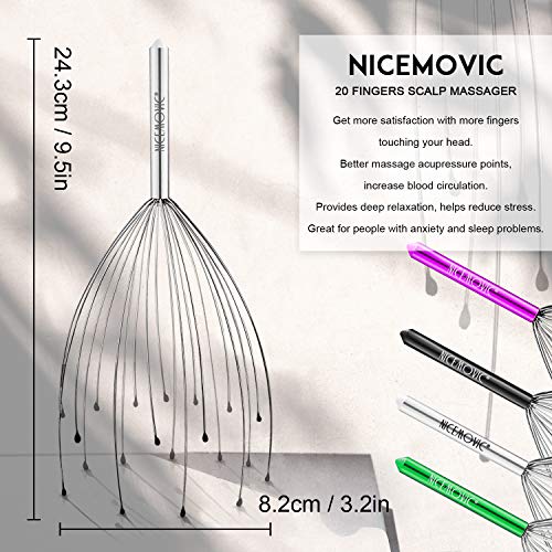 NICEMOVIC Masajeador de cabeza con 20 dedos de masaje, Manual Masaje y relajación circulación, araña para el cabello Masajeadores del cuero cabelludo(Colores aleatorios)