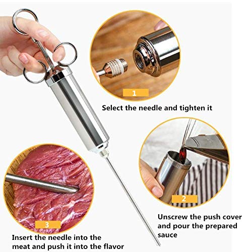 Nifogo Jeringa de Cocina, Jeringa para Asados, Inyector De Carne, Jeringa Salsa BBQ 60ml con 3 Agujas, Aguja para Especias para Barbacoa,marinar Ternera,Pollo y Pavo (Plata)