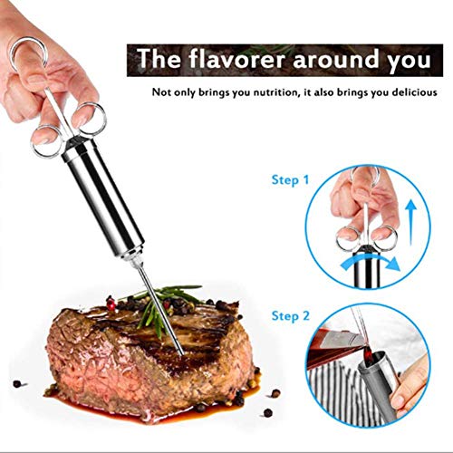 Nifogo Jeringa de Cocina, Jeringa para Asados, Inyector De Carne, Jeringa Salsa BBQ 60ml con 3 Agujas, Aguja para Especias para Barbacoa,marinar Ternera,Pollo y Pavo (Plata)